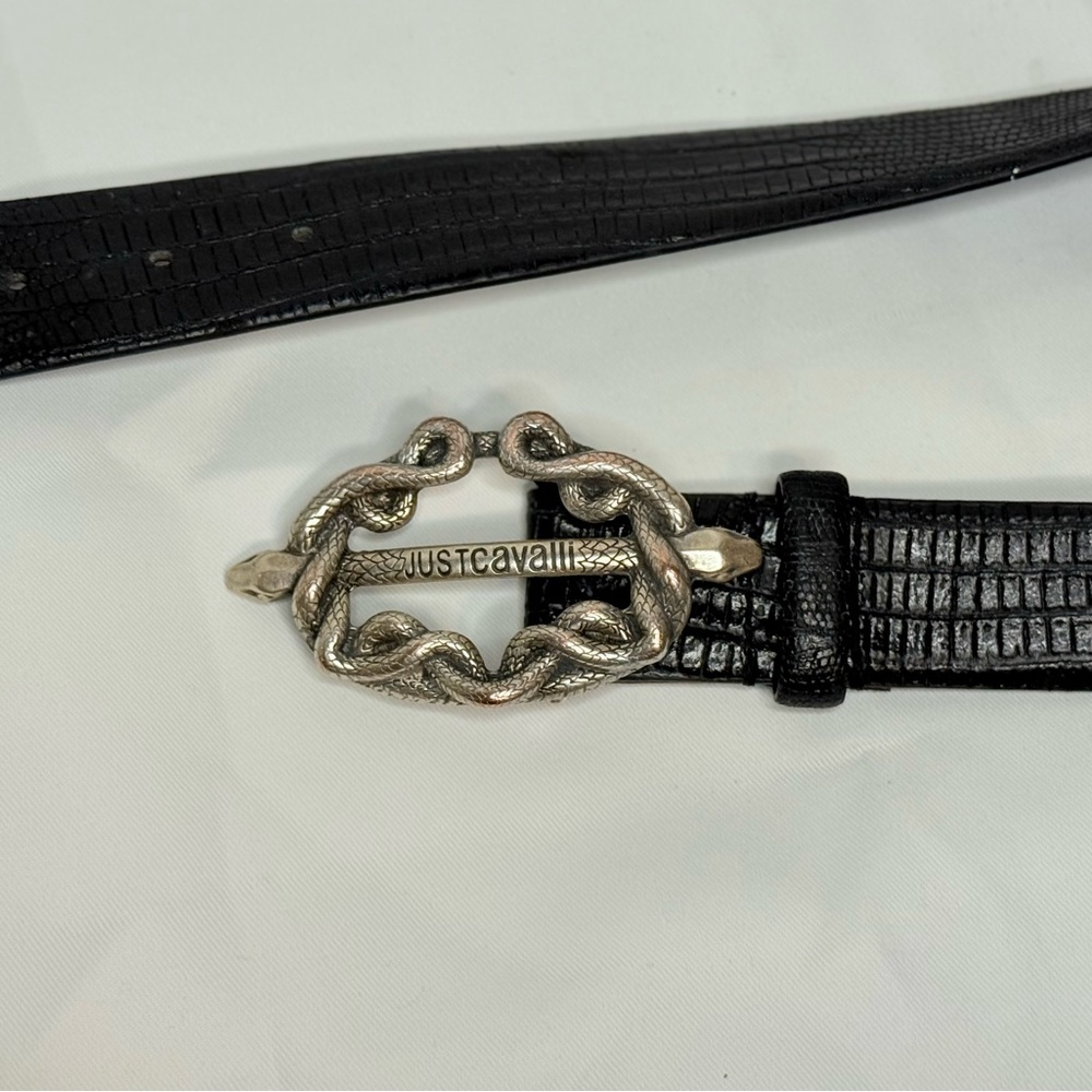 Unisex Just Cavalli Black Reptile Leather Belt W/ Double Snake Buckle